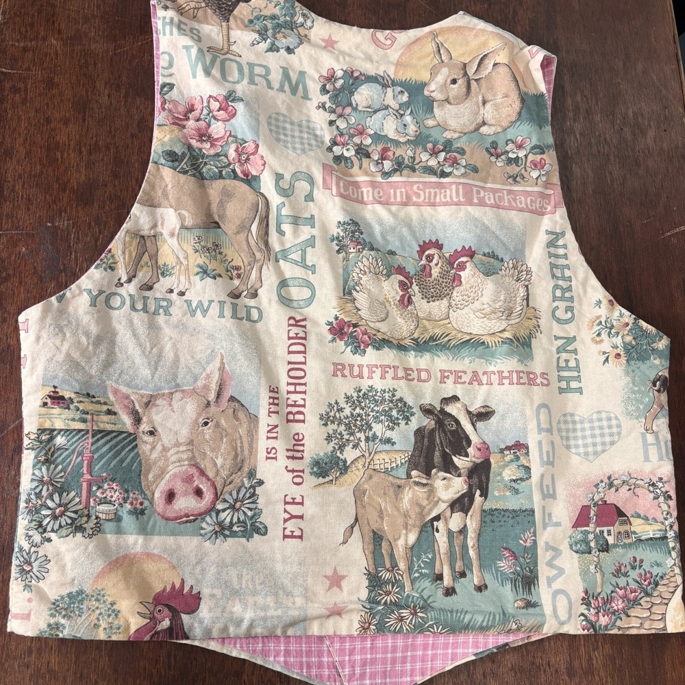 Vintage Handmade Farm Animal Vest Women Large Cottage Prairie Folk Novelty Indie - Picture 2 of 7